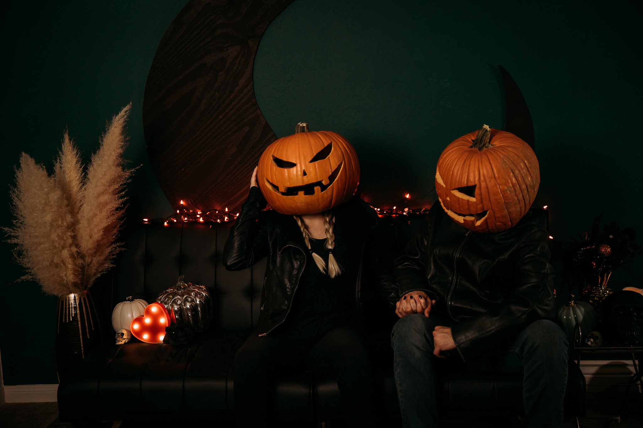 Halloween pumpkin head couples photography