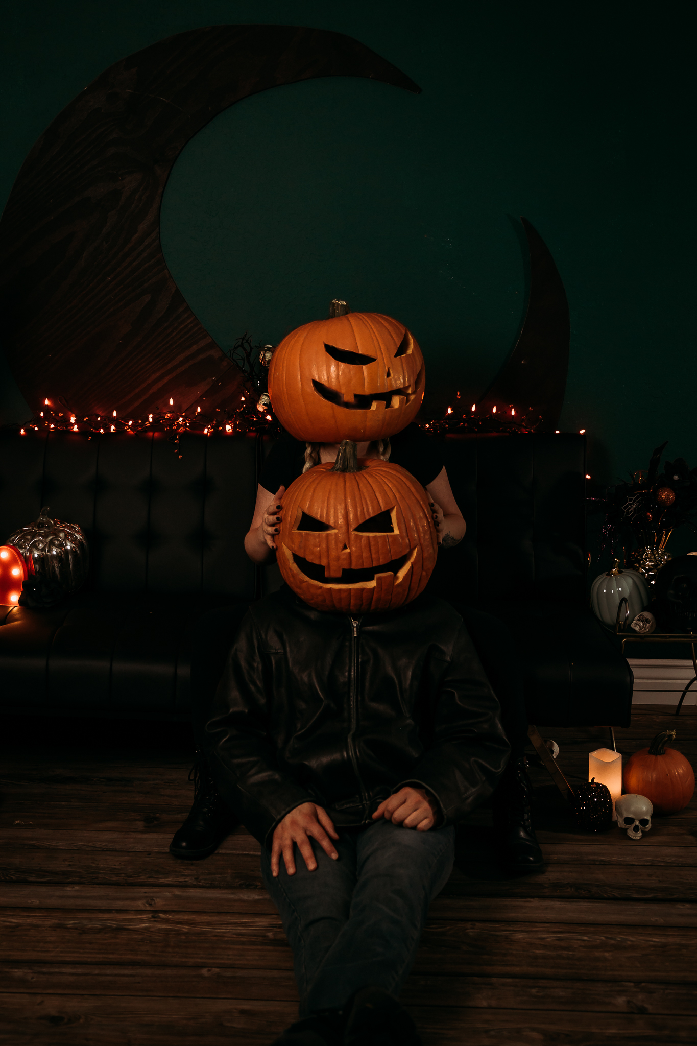 Halloween pumpkin head couples photography
